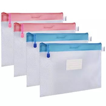 Wisdompro Zipper File Bag A4 Size File Case Waterproof File Bag Mesh Case Clear Holder Communication Bag Document Receipt Storage Vinyl Thick 4 Pieces