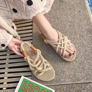 wish2025 European and American foreign trade women s hemp rope women s sandals woven Roman beach sandals women s flat bottom 35 чёрный