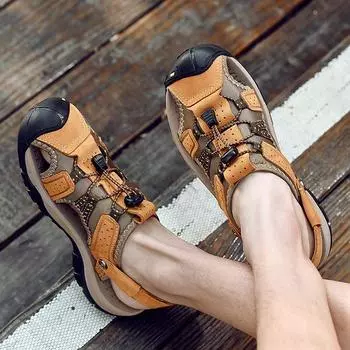 wish2025 new summer sandals men s beach leisure outdoor lake creek mountaineering tourism plus size leather 38 чёрный