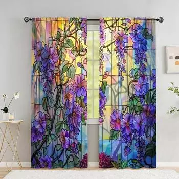 Wisteria curtain Beautiful wisteria plus sunset, a set of two sets, home bedroom living room curtain 50W130H(CM)X2PCS&Grommet Top