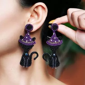 Witch Cat Halloween Rice Bead Earrings Black Cat Pumpkin Dangle Earrings All Saints Day cat