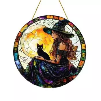 Witch Hanging Decoration Stained Acrylic 2D Sun Catcher Witch on The Moon Ornament for Home Room Windows Walls Gardens Cars 15 cm E