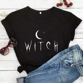 Witch Star Moon Print Женская повседневная летняя футболка с коротким рукавом и круглым вырезом Свободная женская футболка Женская футболка Топы Camisetas Mujer S