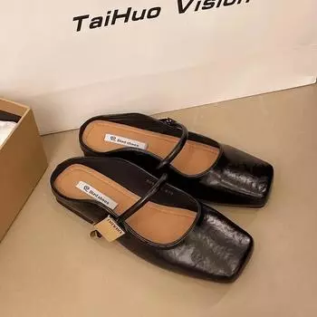 With 2025 flat-bottomed temperament bag head half slippers, women wear cool slippers in spring and summer, gentle Mary Jane single shoes and skirts 35 темно-коричневого