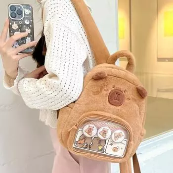With Badge Capybara Plush School Bag Large Capacity Cartoon Capybara Bag Outdoor коричневый
