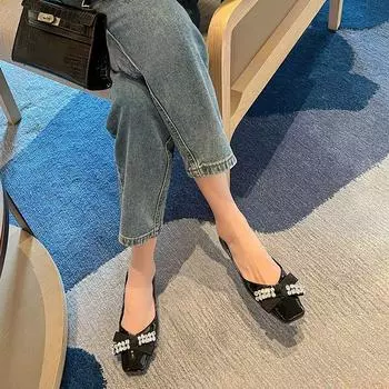 With Bow Rhinestone Shoes for Woman 2024 Diamond Crystals Black Low Heel Elegant Women s Summer Footwear Spring Luxury Brand A E 34