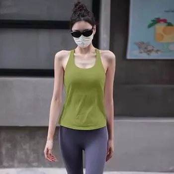 With Chest Pad Fake Two-Piece Sports Intimates Women s Running Training Fitness Vest Cross Beauty Back Yoga Clothes Sleeveless T-shirt Green (No Wearing Intimates 2-in -1) S