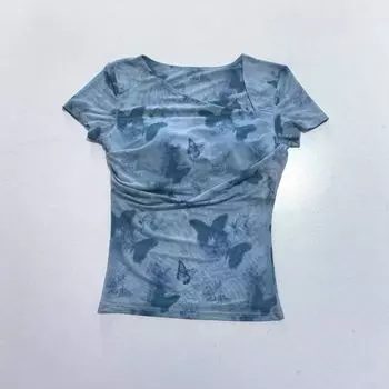 With Chest Pad Fixed Cup Butterfly Print Yoga Clothes Short Sleeve Mesh Breathable Quick-Drying Slim Fit Sports Fitness T-shirt Women Wind Chime Blue S