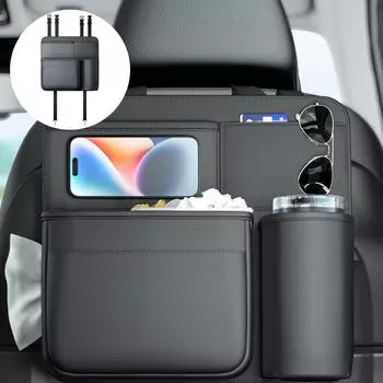 С подстаканником, мусорным ведром, универсальным карманом для хранения, накладным карманом на спинку автомобильного сиденья, органайзером, сумкой из искусственной кожи, многофункциональным ящиком для хранения, автомобильным стилем чёрный