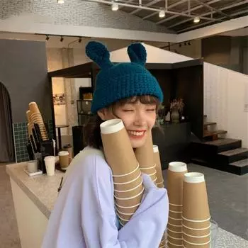 with Ears Cartoon Skullies Beanie Solid Knit Cap Creative Winter Knitted Hat Men Women синий