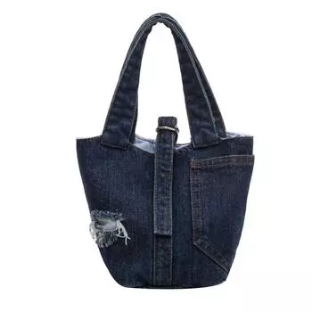 With Hole Tote Bag Large Capacity Canvas Lunch Bag Portable Denim Bucket Bag Outdoor