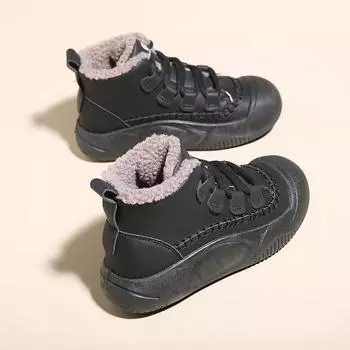With Laces Sports High Platform Sneakers Ladies Snow Boots Leather Lace-up Female Shoes Round Toe Chunky Anti Slip Sale Hot Lamb 35