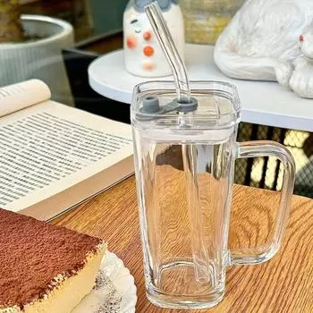 With Lid and Straw Transparent Glass Cup Heat Resistant Water Cup Ins Coffee Cup Home Bar A