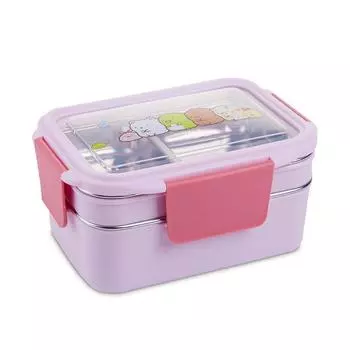 With Random Pattern Cartoon Lunch Box Stainless Steel Double Layer Food Container Portable Kids Picnic School Bento синий