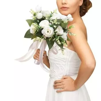with Silk Ribbon Artificial Wedding Bouquet Artificial Rose Wedding Rose Bouquet Bridal белый