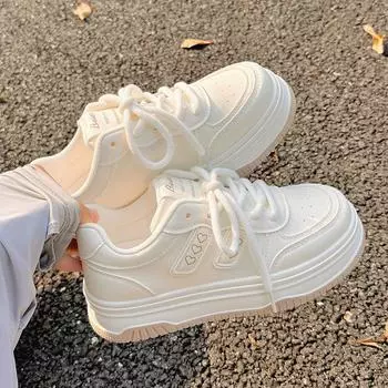 With skirt, little white shoes, women s 2025 new autumn thick-soled ultra-light and cute leather surface, small fragrant casual sports shoes 35 бежевый