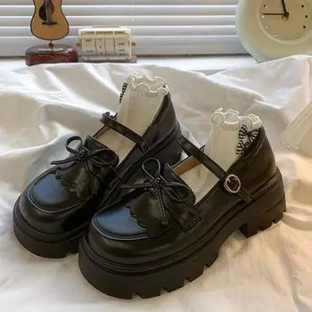 With skirt retro platform small leather shoes women s autumn new brown Mary Jane single shoes 35 чёрный