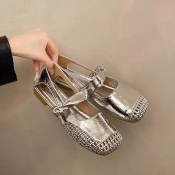 With skirt woven hollow breathable square head thick heel bag head single shoes women s summer retro flat Mary Jane shoes 35