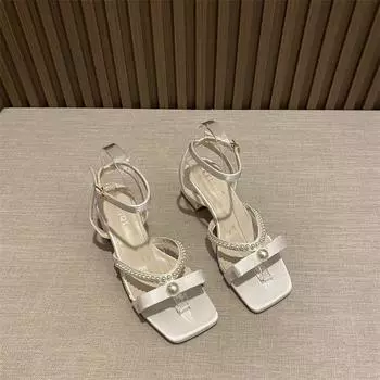With skirts, sandals, children s models 2025 summer new versatile small thick heels, pearl temperament gentle high heels 35 чёрный