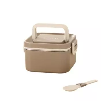 with Spoon Lunch Container 304 Stainless Steel Food Storage Box Square Lunch Box Office Khaki 1 layer