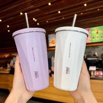 with Straw 600ml Stainless Steel Insulating Cup Stainless Steel Car Thermos Mug Bottle Coffee Tea оранжевый