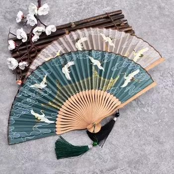 with Tassel Handheld Tassel Fan Folding Folding Fan Portable Folding Bamboo Fan Photography розовый