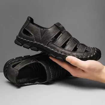 Сандалии мужские кожаные с мягкой подошвой, модные, универсальные, с отверстиями, большого размера 38