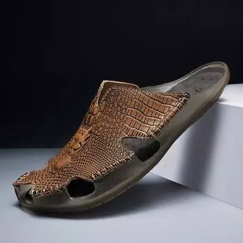 Изъятие из продажи высококачественных кожаных тапочек. Летом мужчины носят прохладные тапочки с мягкой подошвой. 38 коричневый