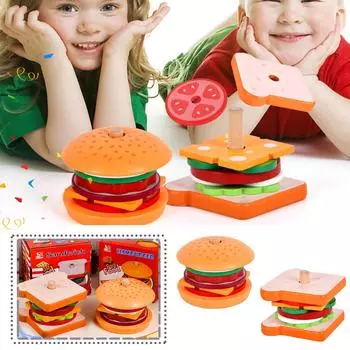 Wiwilys Kids Play Food Toys Ролевые игры Деревянный набор игрушек для фаст-фуда с гамбургерами Роскошный обеденный набор для образовательного дошкольного обучения One Size