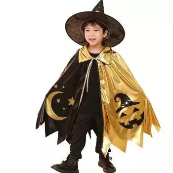 Wizard Children Halloween Cape Hat Cosplay Costume Gold Star Moon Pattern Party