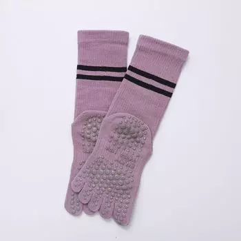 Wkuw Pure Cotton Knee Socks Yoga Socks Professional Non Slip Stripes Toe Socks Female Pilates Indoor Sports Fitness Socks Five Fingers purple