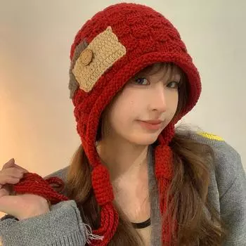 WN праздничная новогодняя красная шапка женская зимняя теплая шерстяная шапка с бахромой вязаная крючком шапка для защиты ушей холодная шапка Average size (56-58cm) красный