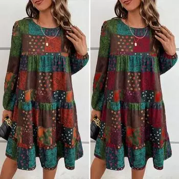 Woemn осень-весна платье в стиле пэчворк с красочным принтом и длинными рукавами Bohe с круглым вырезом, свободные трапециевидные оборки и большие качели, мягкий пуловер, мини-платье длиной выше колена S