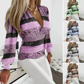 Woemn осень-весна рубашка с глубоким V-образным вырезом и длинными рукавами в полоску в тон, блестящие пайетки, мягкий пуловер с длинными рукавами OL, плиссированная женская блузка в коммутационном стиле L хаки