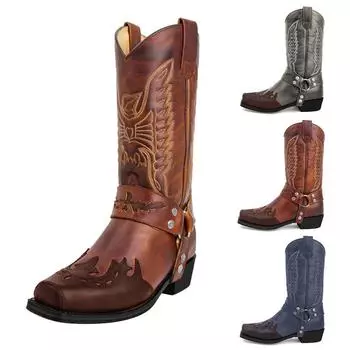 Woens Кожаные Нескользящие туфли без застежки с круглым носком и пряжкой на низком каблуке Ковбойские сапоги 38 коричневый