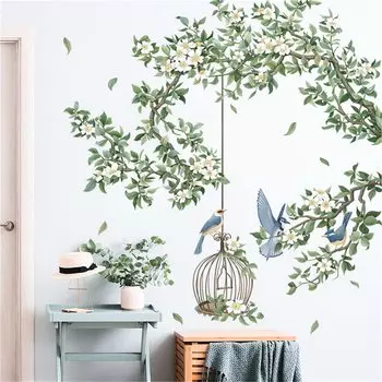 WOHAHA Wall Bird на маленьких белых обоях Pastoral Living Wall Wall поставляется с наклейкой, растение, стильный, ветка, клетка для птиц, цветок, наклейка,