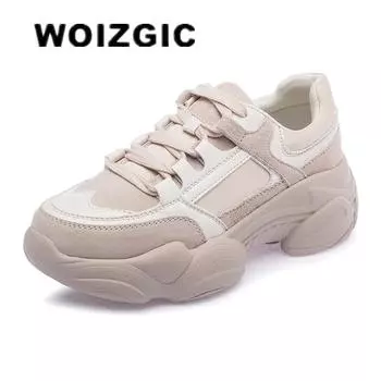 WOIZGIC Женские Ботинки из Натуральной Кожи на Платформе на Шнуровке Корейские Спортивные Весенне-Осенние Дышащие Вулканизированные Ботинки 35 бежевый