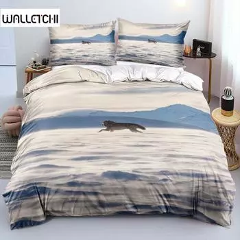 Wolf Duvet Cover Set Queen Size Wolf Running In The Snow Twin Bedding Set Polyester Safari Animals Comforter Cover for Kids Boys EU single(135x200cm)