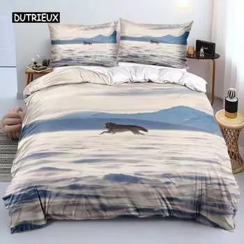 Wolf Duvet Cover Set Queen Size Wolf Running In The Snow Twin Bedding Set Polyester Safari Animals Comforter Cover for Kids Boys EU single(135x200cm)