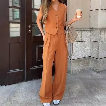 Wolfeel Womem льняной хлопковый шикарный жилет и брюки костюм из двух предметов офисный женский летний шикарный комплект из 2 предметов женская одежда L чёрный