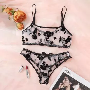 WOM Женское сексуальное женское белье из двух частей с флокированием, черная сетка, соблазнительное сексуальное женское белье M чёрный