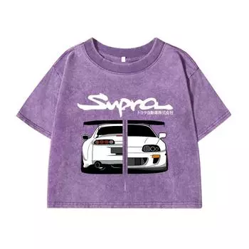 Woman Cotton Washed T-Shirts Street Regular O-Neck Crop Tees Japanese Style Cool Car Puzzle Print Short Sleeve Clothes M
