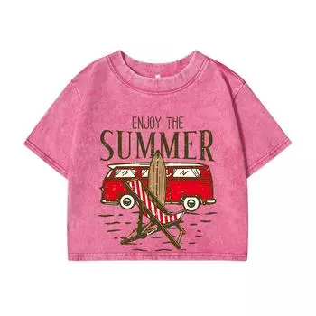 Woman Cotton Washed T-Shirts Summer Regular Fit O-Neck Crop Tees Enjoy The When It S Coming Prints Tops Street Clothes M