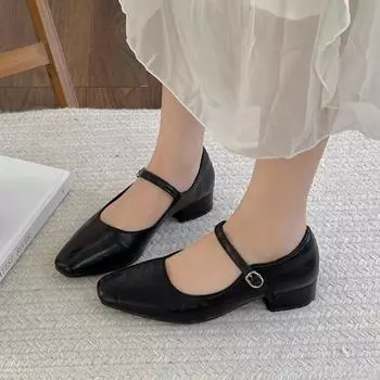 Woman Elegant Square Toe 3cm Heel Height Thick Heel Shoes Microfiber Female French Solid Buckle Casual Fetish Mary Jane Shoes 35 чёрный