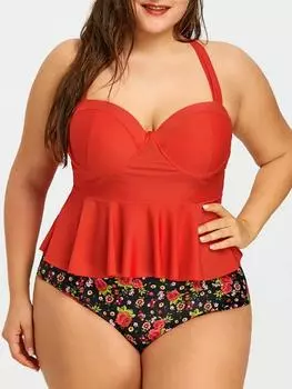 Woman Fashion Summer Sexy Plus Floral Peplum Size Swimsuit Tankini Swimwear L