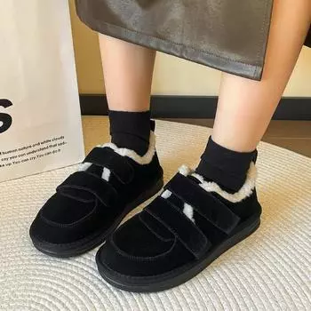 Woman Faux Wool Fur Flat Shoes Black Round Toe Big Head Boken Cotton Shoes 2024 Autumn Academy Wind Plus Velvet Thick Snow Boot 36
