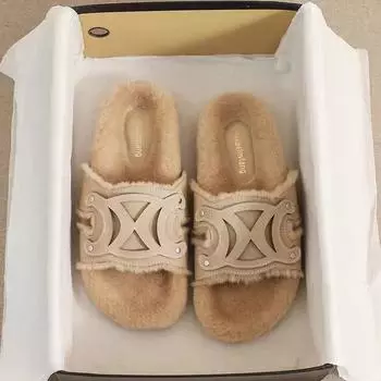 Woman Faux Wool Insole Flat Slippers Round Head Open Toe Slingback Indoor Slipper 2024 Women Winter Female Plush Fur Slippers 36