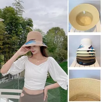 Woman FISHERMAN HAT CAP Sun Beach Summer Hat Collapsible Straw Hats Outdoor Vacations Doodle Sunhat чёрный