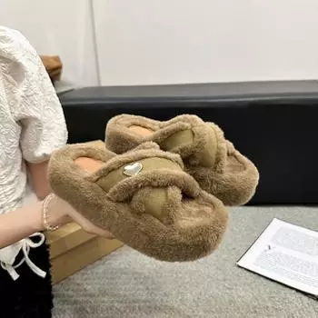 Woman Furry Ladies Fur Luxury Fluffy Plush Slipper House Soft Fuzzy Platform Indoor Casual Winter Home Warm High Heels Female 38