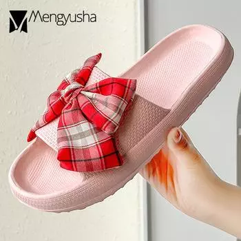 Woman Gingham Bow Slippers Home Bathroom Shoes Ultra-Light EVA Sandals Comfort Loafers Female Antiskid Slides Platform Flipflops 6 зелёный